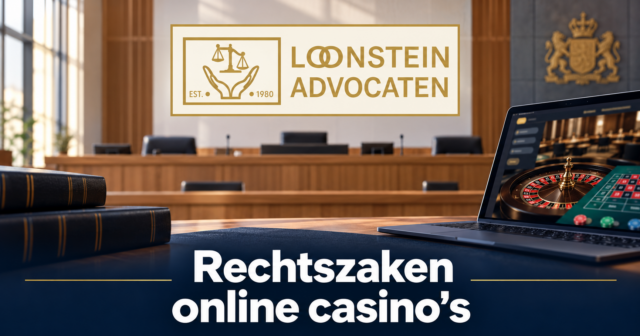 Logo van Loonstein Advocaten boven een geïllustreerde rechtszaal en een laptop met online roulette.
