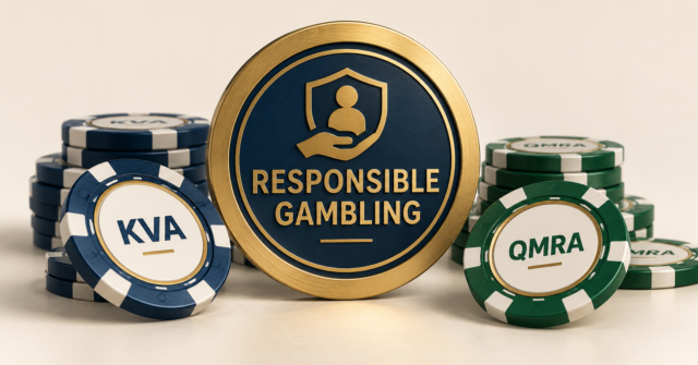 Illustratief keurmerk met ‘Responsible Gambling’, omringd door casinofiches met KVA en QMRA