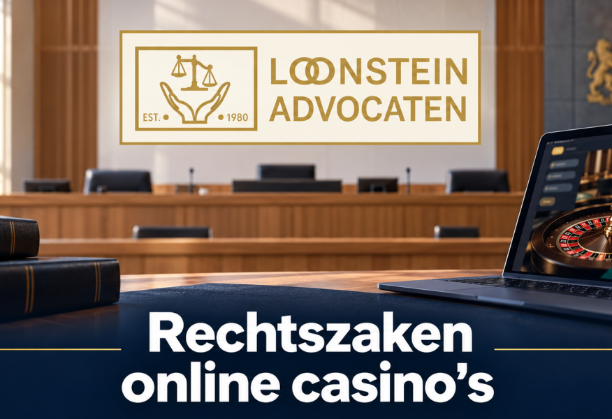 Logo van Loonstein Advocaten boven een geïllustreerde rechtszaal en een laptop met online roulette.